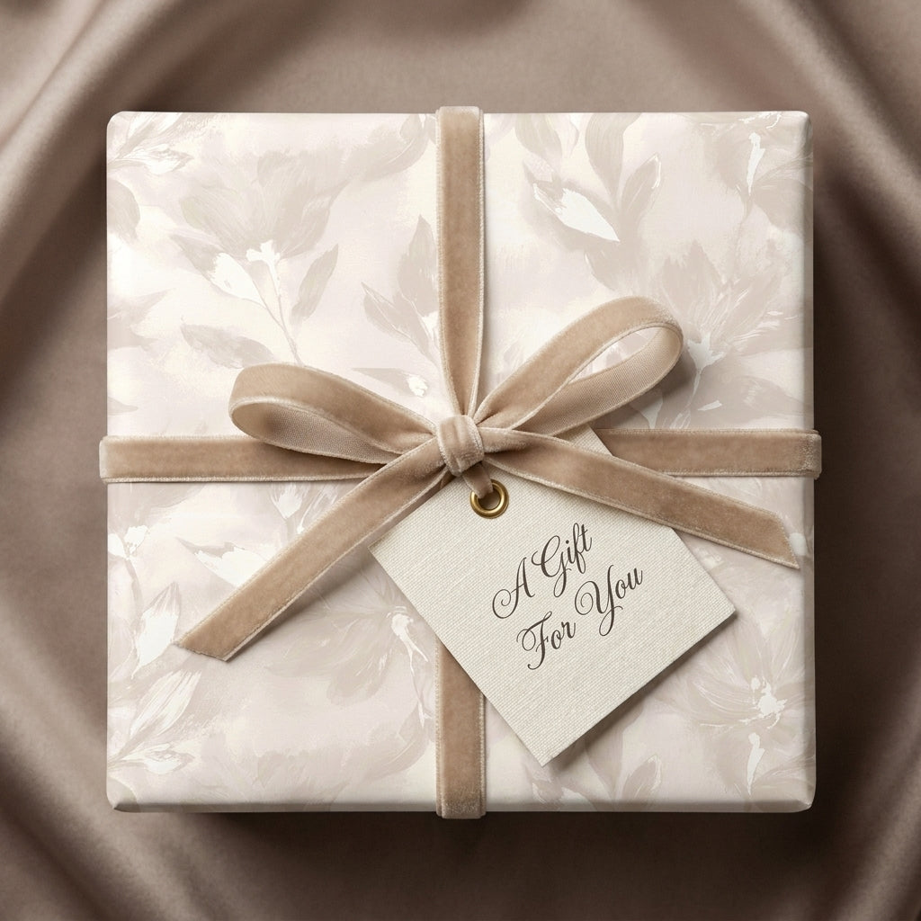 Elegant beige floral wrapping paper with a velvet ribbon on a luxury gift box by Wrapped Studios.