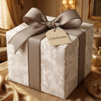 Elegant neutral floral wrapping paper with a taupe ribbon on a luxury gift box by Wrapped Studios.