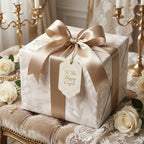 Elegant floral wedding wrapping paper with a luxury champagne satin bow and gift tag, by Wrapped Studios.