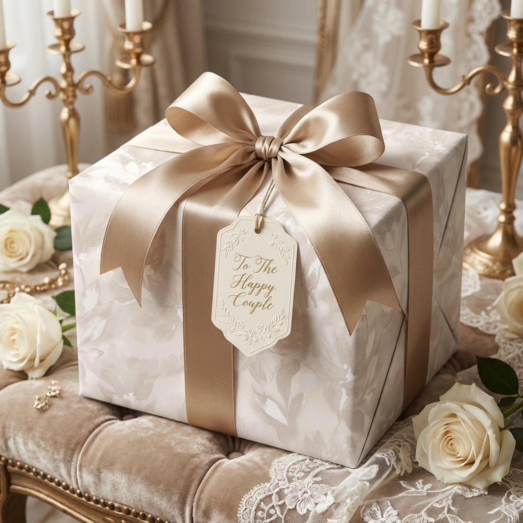 Elegant floral wedding wrapping paper with a luxury champagne satin bow and gift tag, by Wrapped Studios.