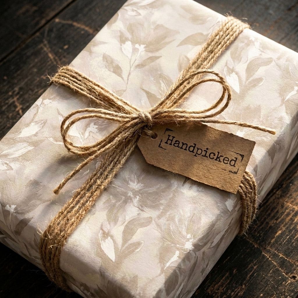Neutral vintage floral wrapping paper on a gift box tied with rustic twine, by Wrapped Studios.