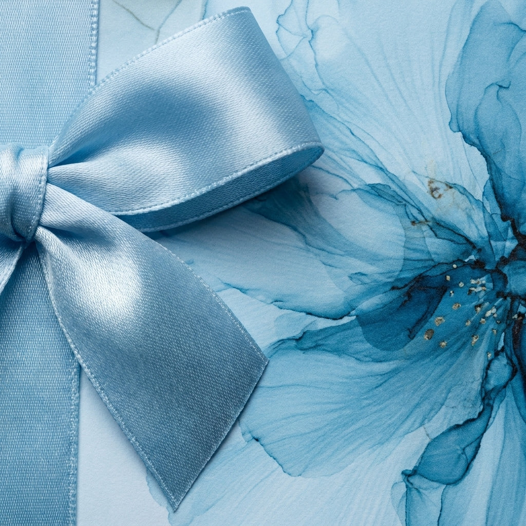 Elegant blue floral wrapping paper with a matching satin ribbon bow by Wrapped Studios.