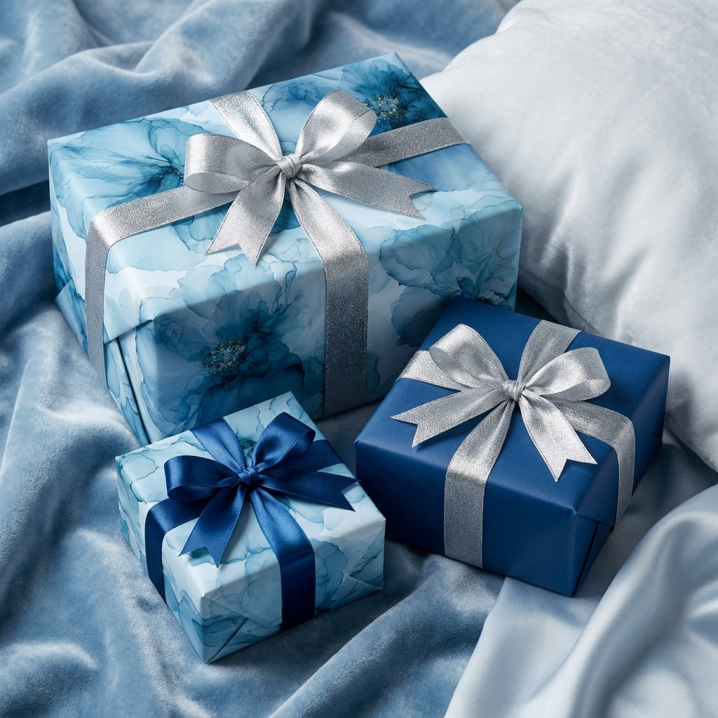 Luxury blue floral wrapping paper and matching solid blue gift wrap with silver bows by Wrapped Studios.