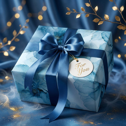 Luxury blue watercolor floral wrapping paper with satin bow on a gift box by Wrapped Studios.