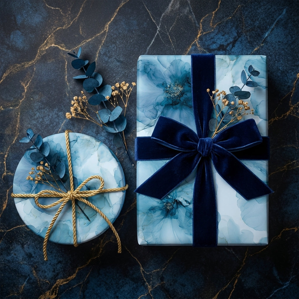 Luxury blue floral wrapping paper by Wrapped Studios on elegant gift boxes with navy velvet ribbon.