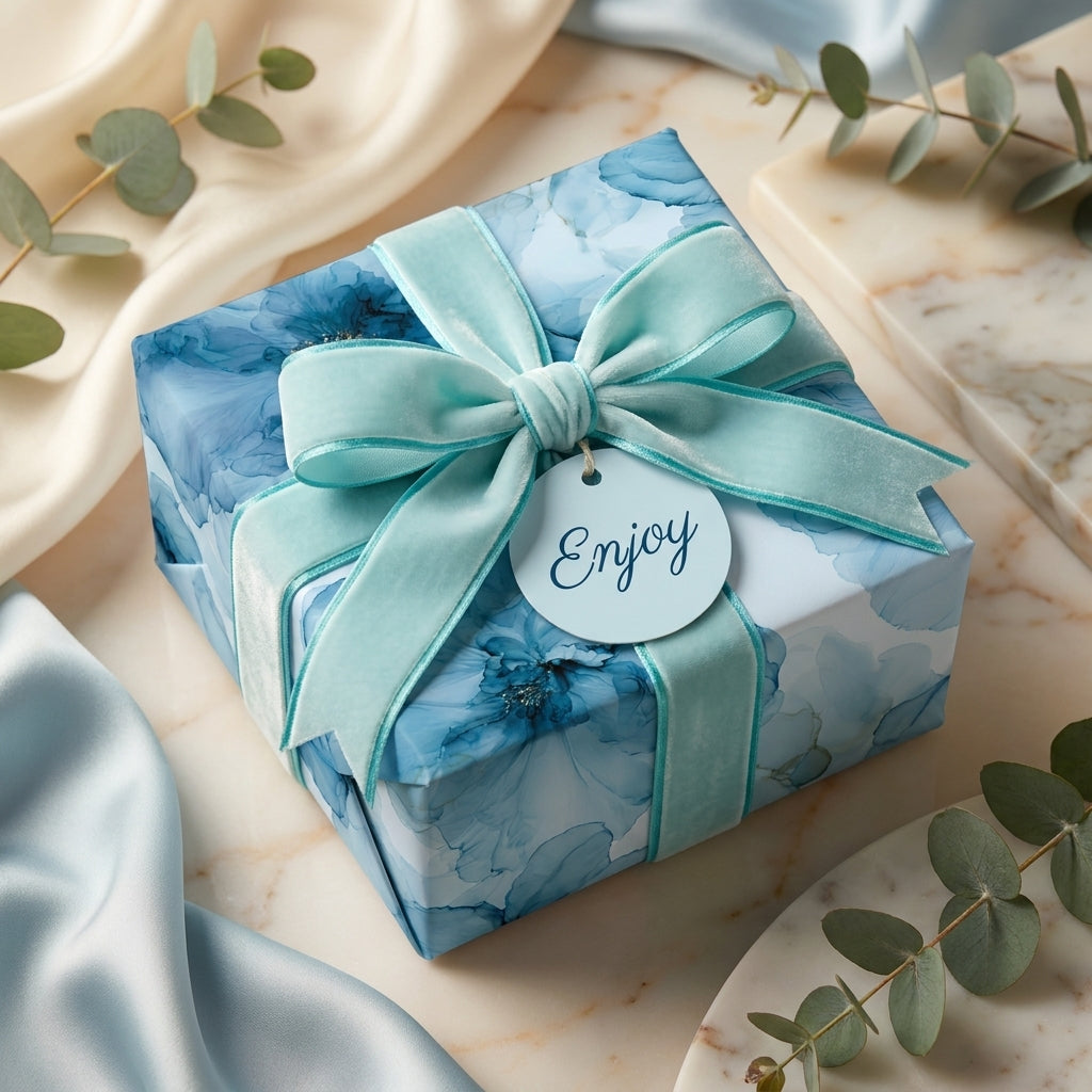 Luxury blue floral wrapping paper with a velvet ribbon bow on a gift box by Wrapped Studios.