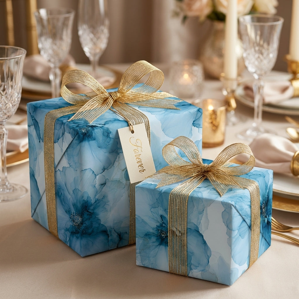 Luxury blue watercolor floral wrapping paper with gold bows on wedding gifts by Wrapped Studios.