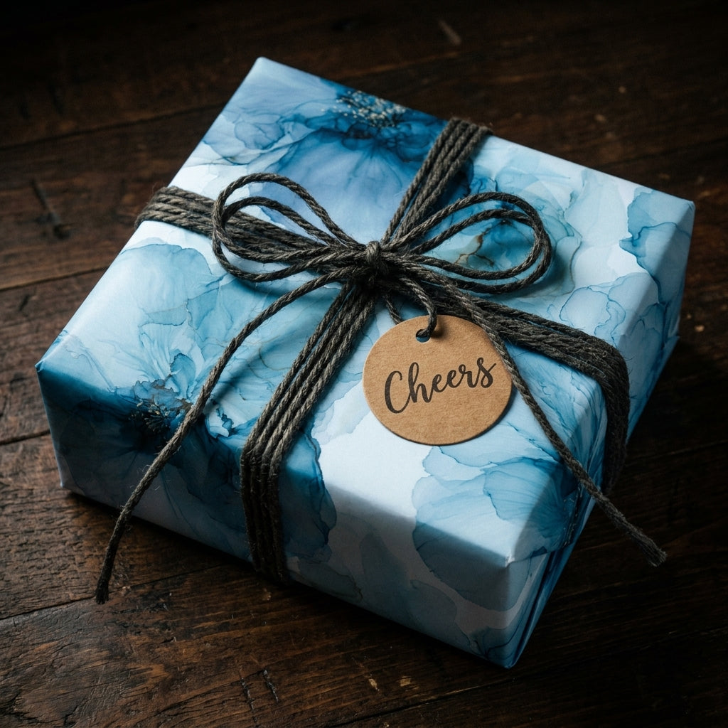 Luxury blue floral wrapping paper on a gift box with twine and Cheers tag, by Wrapped Studios.