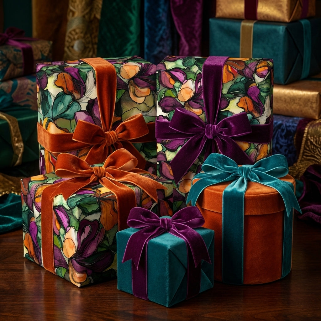 Elegant gifts wrapped in floral wrapping paper with velvet ribbons.