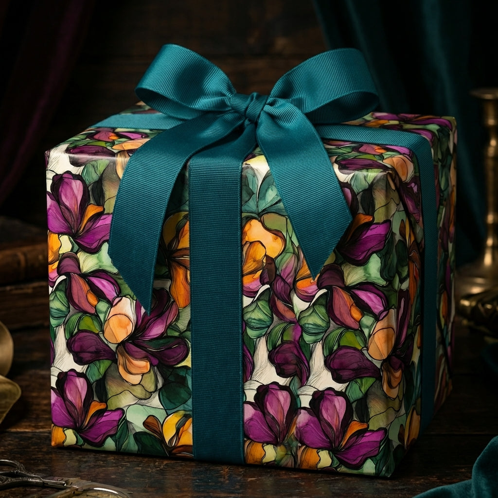 Elegant gift wrapped in floral wrapping paper with teal ribbon.