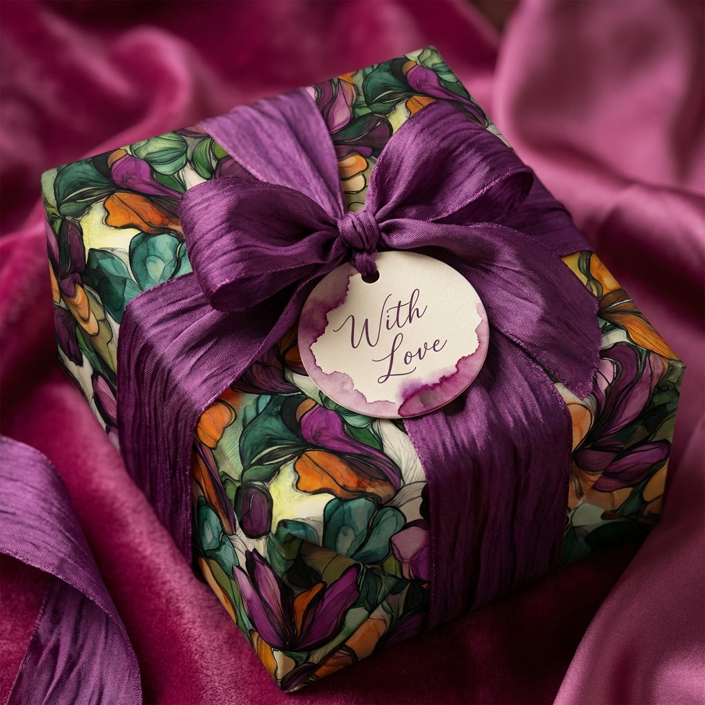 Gift wrapped in floral paper with purple ribbon and "With Love" tag.