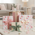 Elegant gifts wrapped in floral wrapping paper with pink and cream ribbon, perfect for birthday, baby shower, or wedding presents.