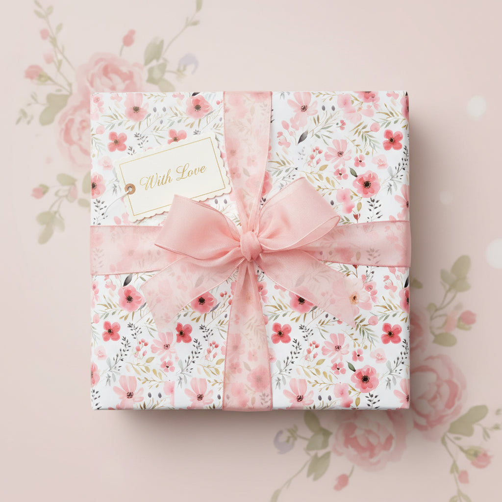 Square gift wrapped in floral wrapping paper with pink ribbon and bow, and a "With Love" tag.
