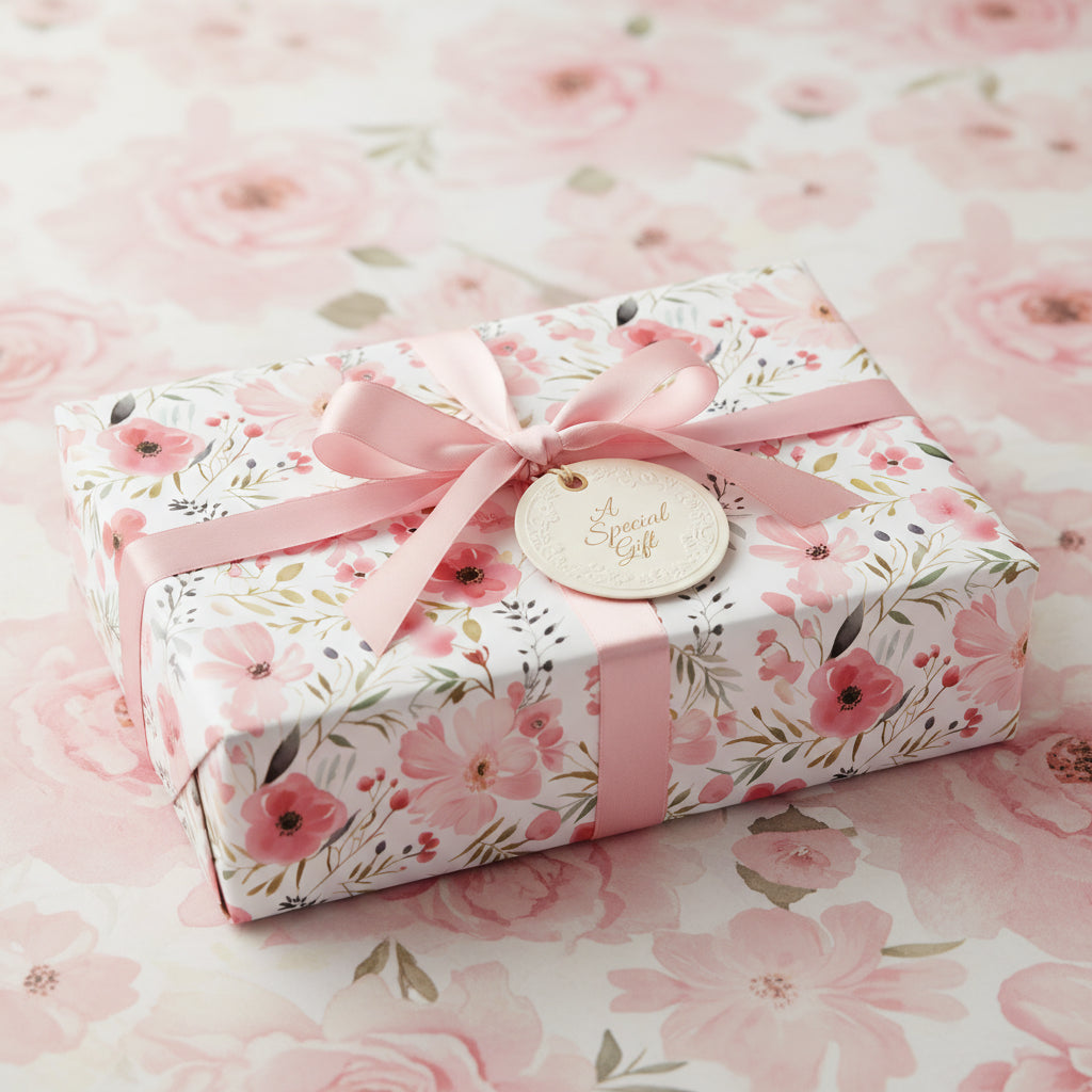 Elegant floral wrapping paper in shades of pink with satin ribbon and a "Special Gift" tag.