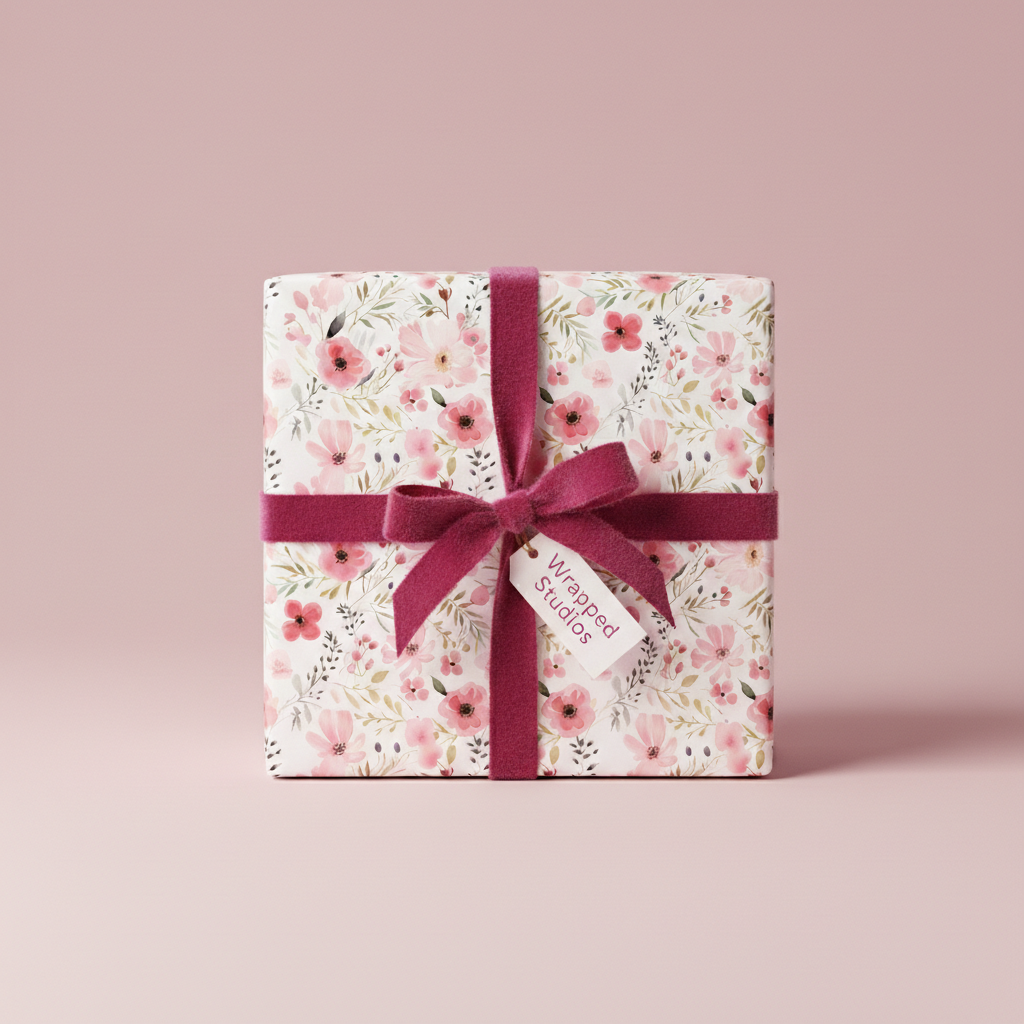 Elegant gift wrapped in pink floral wrapping paper, tied with a burgundy velvet ribbon.