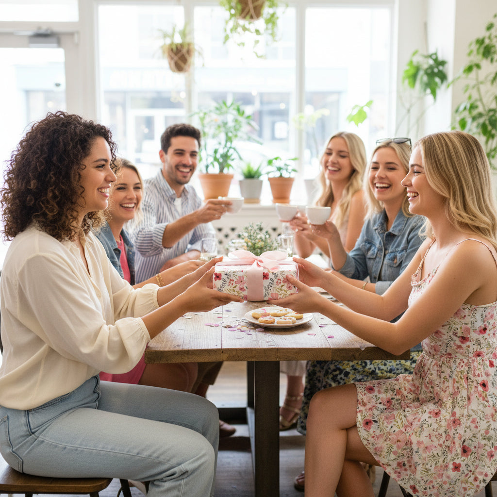 Woman handing a gift wrapped in floral wrapping paper with a pink ribbon at a party.