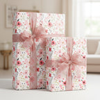 Elegant gifts wrapped in pink floral wrapping paper with silky ribbons.