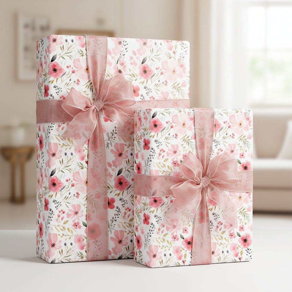 Elegant gifts wrapped in pink floral wrapping paper with silky ribbons.