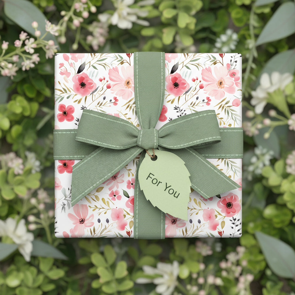 Square gift wrapped in floral wrapping paper with sage green ribbon, bow, and "For You" tag.