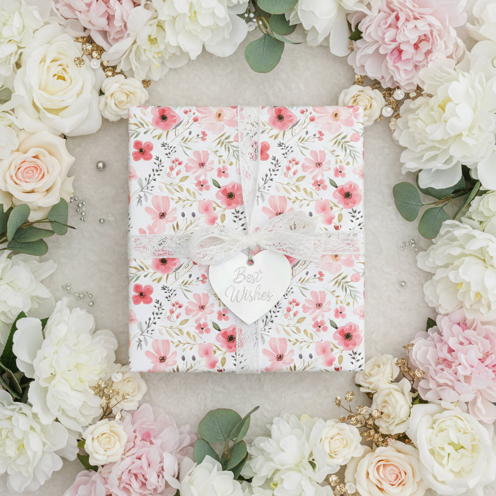 Elegant floral wrapping paper with lace ribbon and "Best Wishes" tag, surrounded by blush and white roses.
