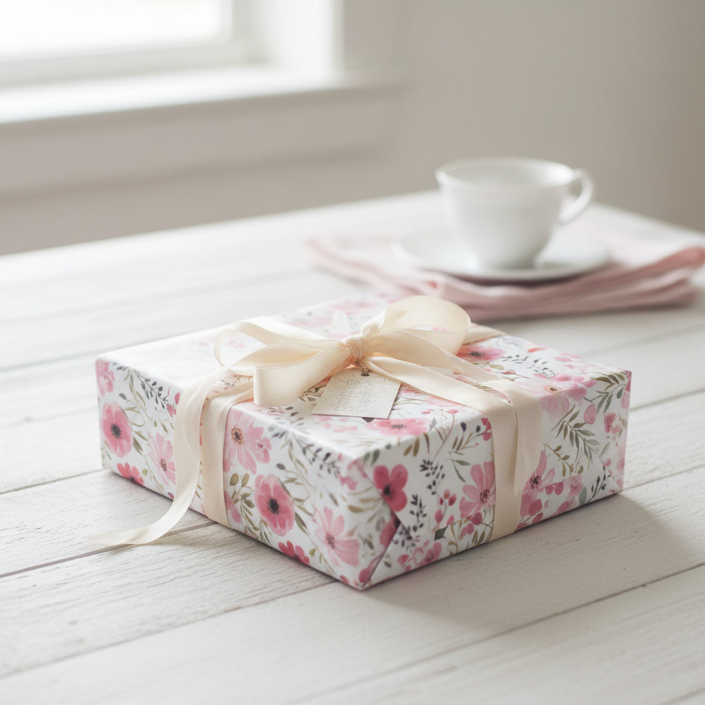 Gift box wrapped in elegant floral wrapping paper with a cream ribbon, perfect for birthday or Mother's Day.