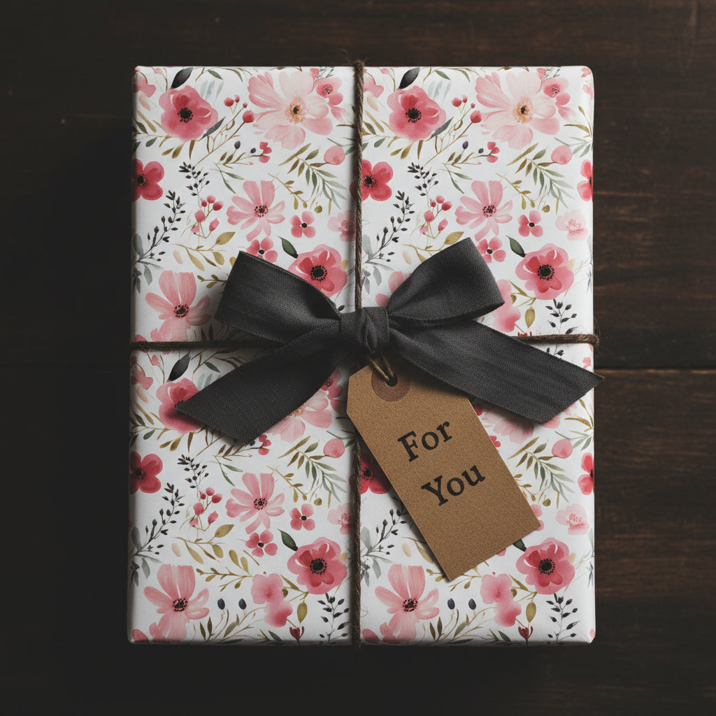 Elegant gift wrapped in floral wrapping paper with grey ribbon, perfect for a birthday present.