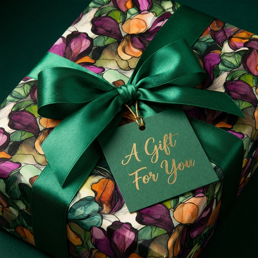 Elegant floral wrapping paper with a satin green ribbon and "A Gift For You" tag. Wrapped Studios.