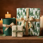 Elegant Christmas presents wrapped in tree-patterned gift wrap with gold ribbons and rustic accents.