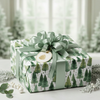 Elegant Christmas gift wrapped in green tree print paper with matching satin ribbon and pinecone tag.