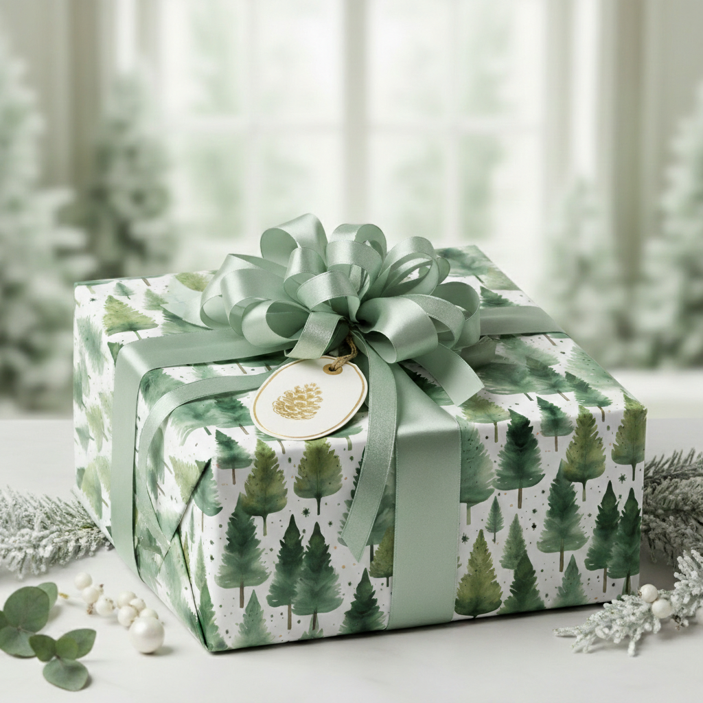 Elegant Christmas gift wrapped in green tree print paper with matching satin ribbon and pinecone tag.