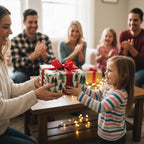 Child receives gift wrapped in green tree Christmas wrapping paper with red ribbon.