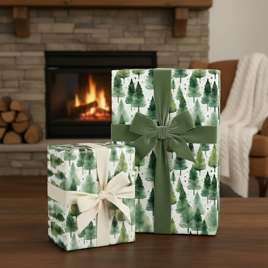 Elegant Christmas gift wrap featuring a watercolor evergreen tree pattern with velvet ribbons.