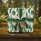 Elegant gift wrapped in watercolor Christmas tree wrapping paper with a green and gold ribbon bow.