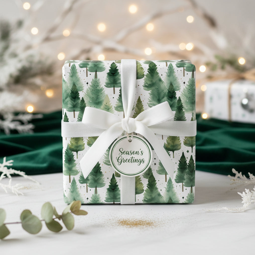 Christmas gift wrapped in green watercolor pine tree paper with a white ribbon and "Season's Greetings" tag.