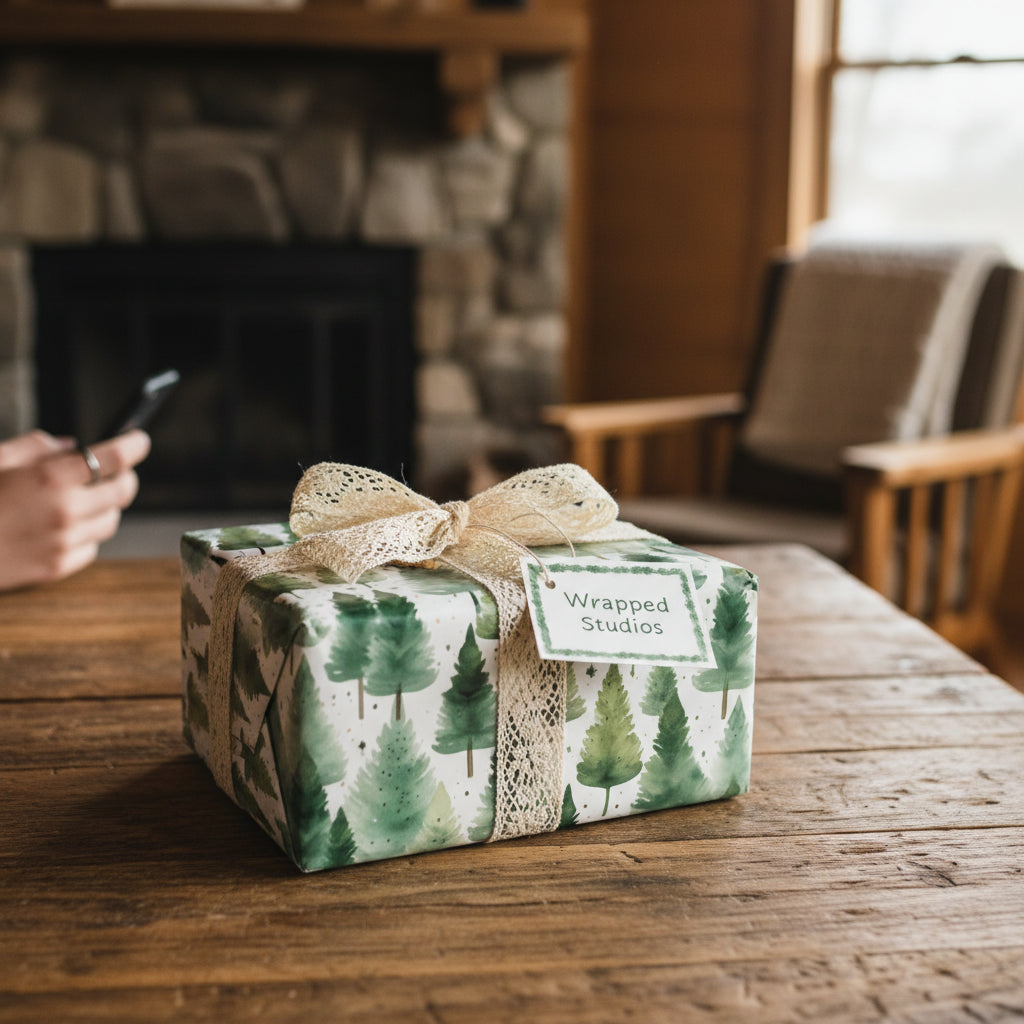 Rustic Christmas gift wrap with green watercolor trees, lace ribbon, and "Wrapped Studios" tag on wood table.