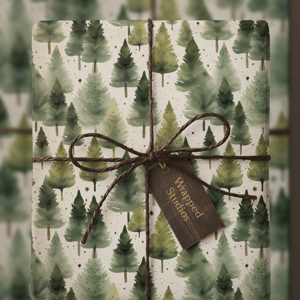 Christmas gift wrapped in rustic tree pattern paper with twine bow and tag.