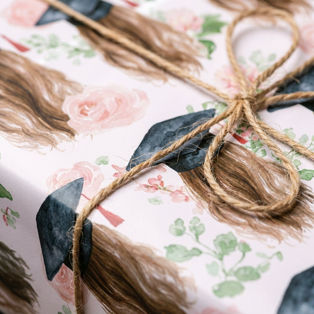 Floral graduation wrapping paper by Wrapped Studios with watercolor roses, graduate illustration, and twine bow.