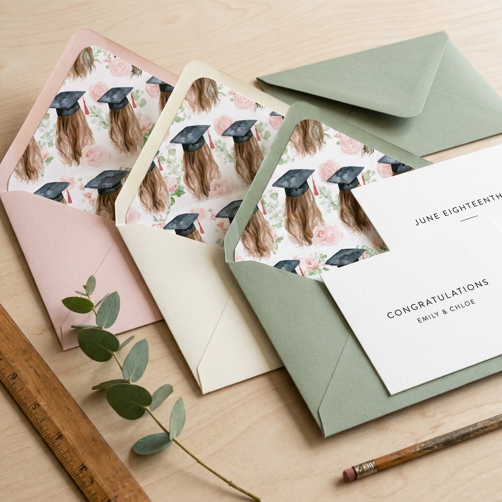Watercolor graduation envelope liners in sage green and blush pink by Wrapped Studios.