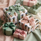 Graduation wrapping paper with illustrated graduates and blush roses on gift boxes by Wrapped Studios.