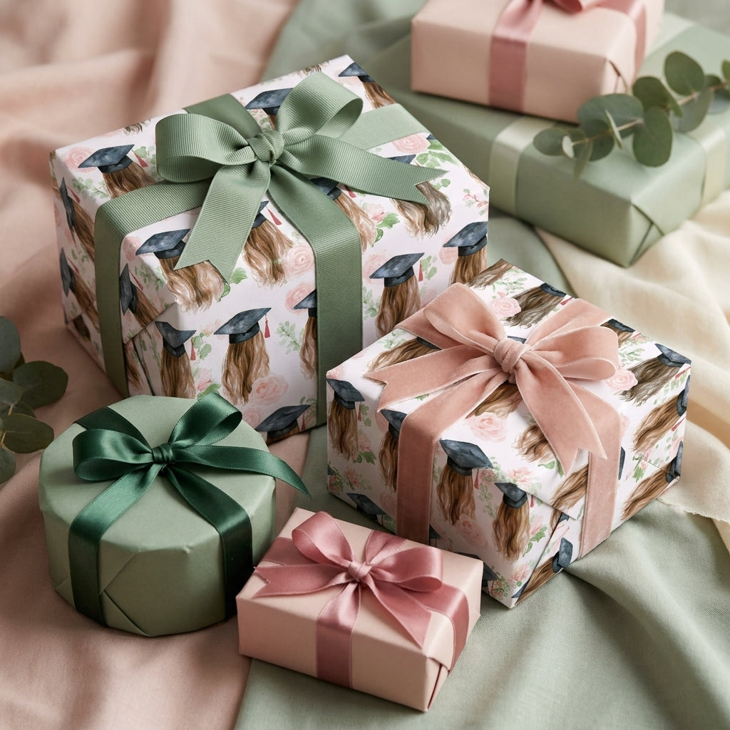 Graduation wrapping paper with illustrated graduates and blush roses on gift boxes by Wrapped Studios.