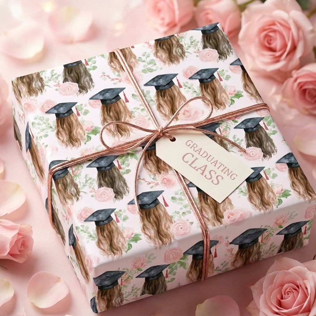 Floral graduation wrapping paper with pink roses and graduates in caps, tied with a rose gold bow by Wrapped Studios.