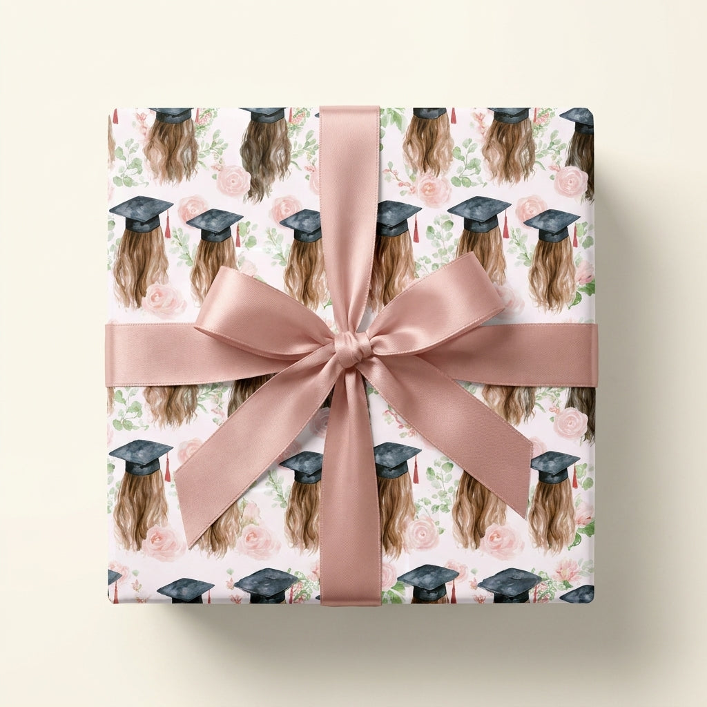 Pink graduation wrapping paper with watercolor roses, graduate caps, and a satin bow by Wrapped Studios.