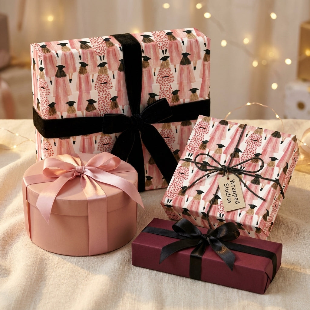 Graduation wrapping paper with pink graduate illustration and black velvet bows by Wrapped Studios.