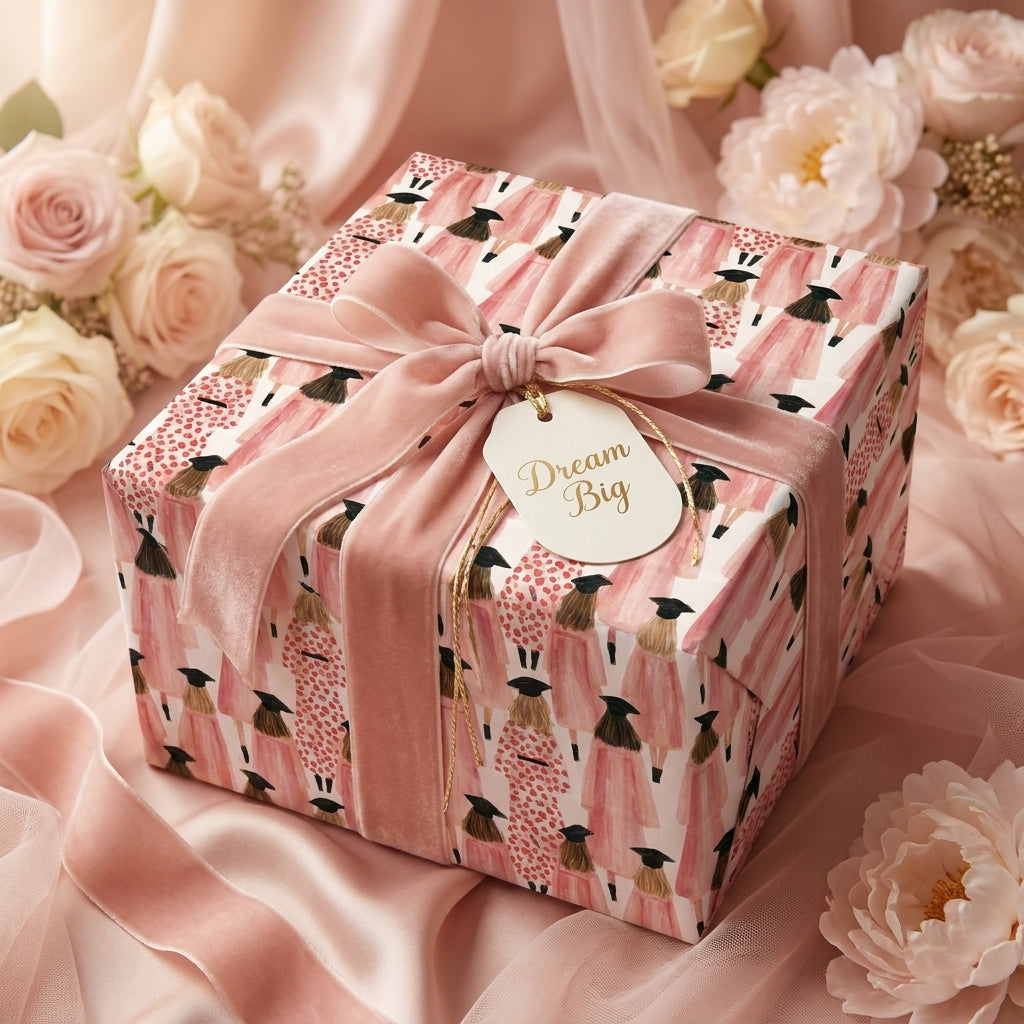 Elegant pink graduation wrapping paper with a velvet bow and Dream Big tag, by Wrapped Studios.