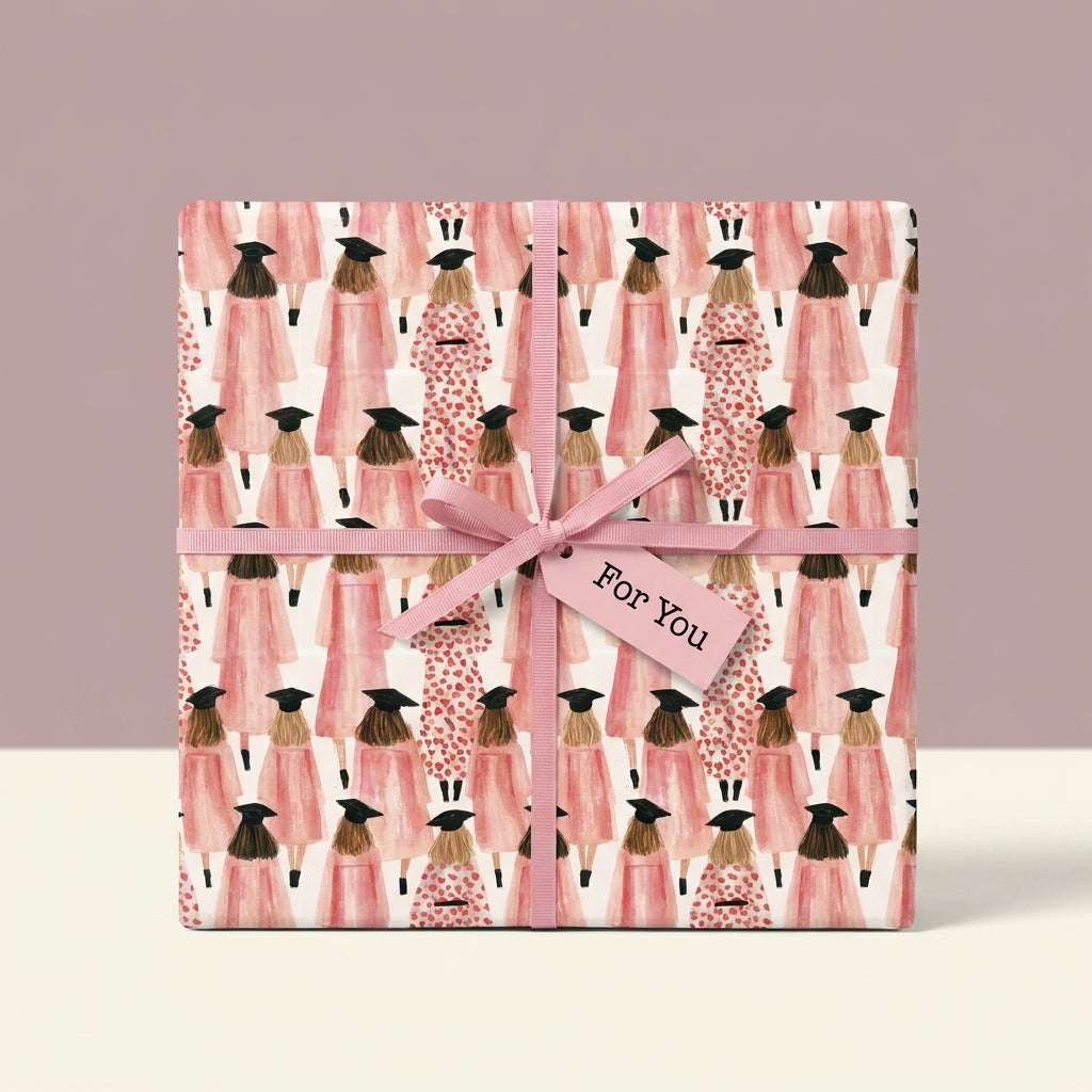 Pink graduation wrapping paper with illustrated female graduates and ribbon, by Wrapped Studios.