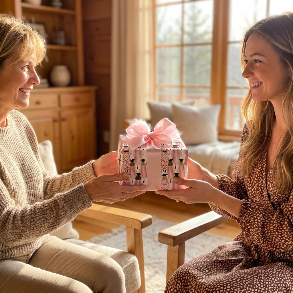 Mother and daughter exchanging a gift in pink graduation wrapping paper, by Wrapped Studios.
