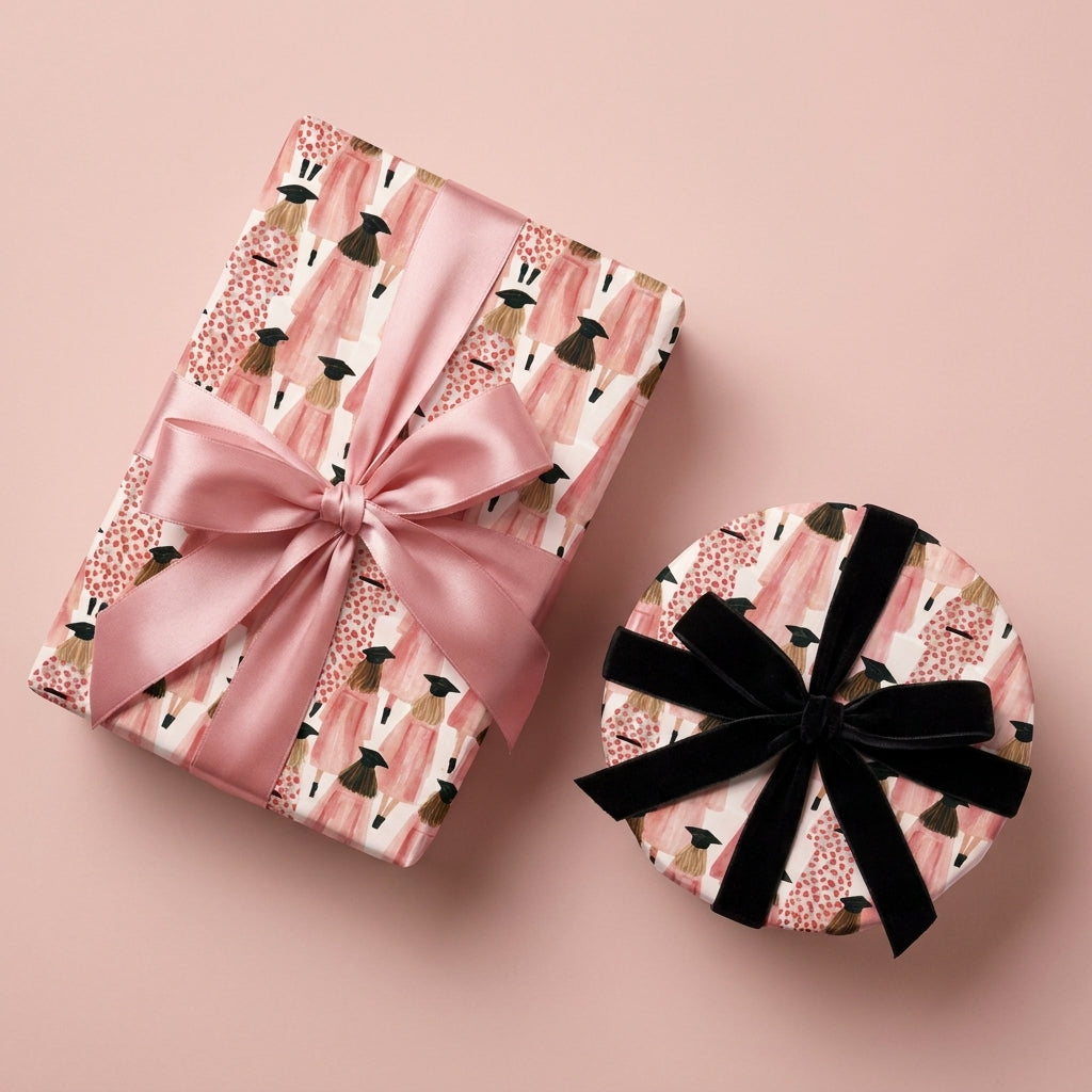 Pink graduation wrapping paper by Wrapped Studios with graduate illustrations, satin, and velvet bows.
