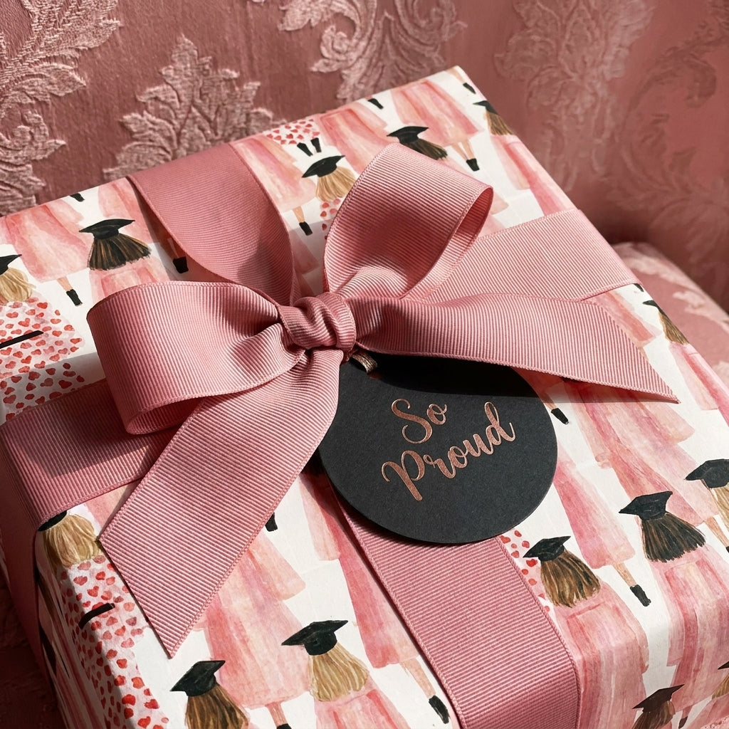 Pink graduation wrapping paper with watercolor graduates, pink bow, and "So Proud" tag by Wrapped Studios.