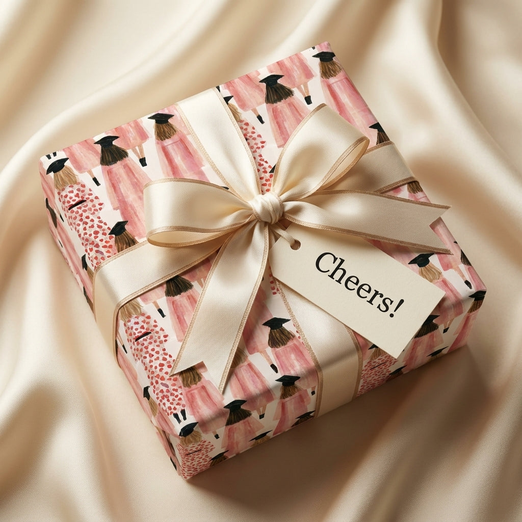 Pink graduation wrapping paper with illustrated graduates and a cream satin bow by Wrapped Studios.