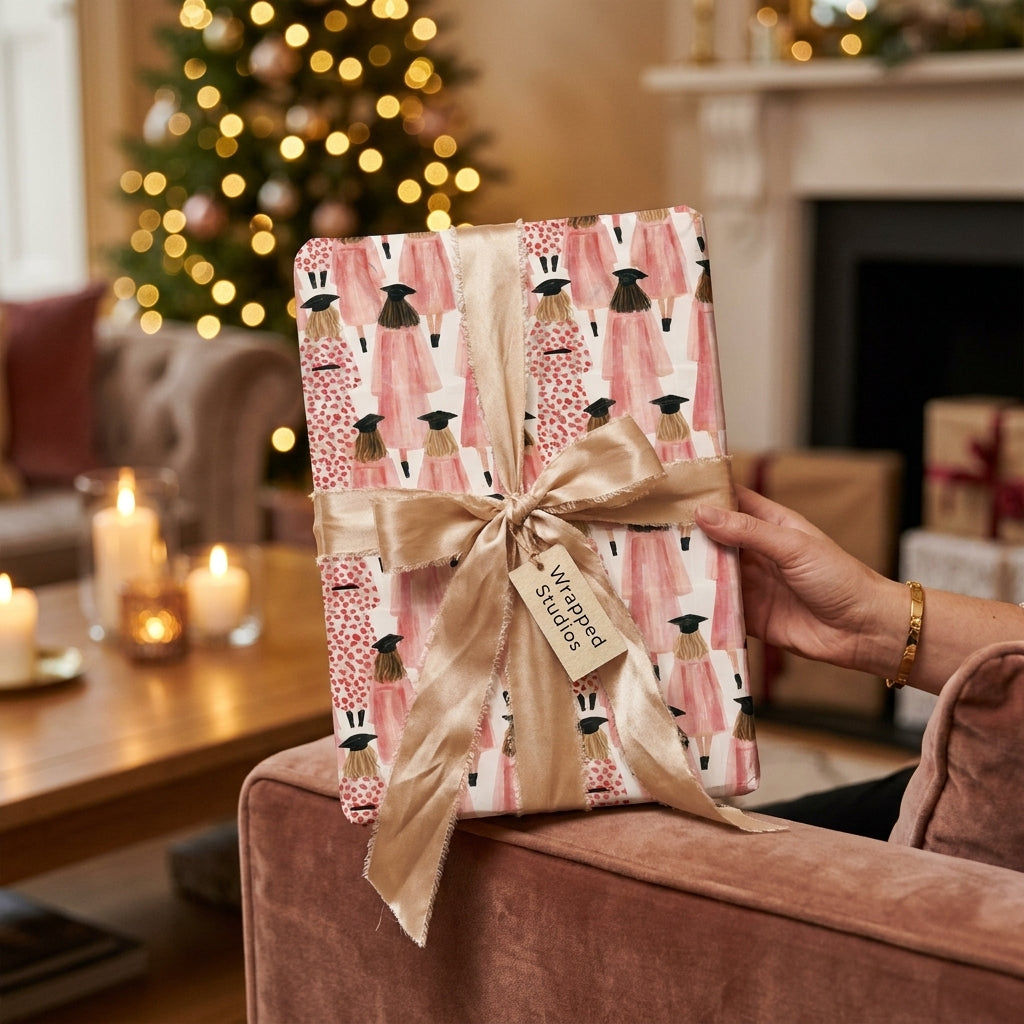Pink graduation gift wrap by Wrapped Studios tied with a gold satin bow, held in a cozy living room.